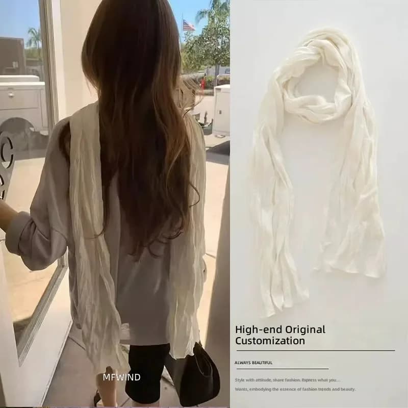 2026 Korean Ins Wind Pleated Slender Silk Scarf Gentle Atmosphere Fairy Wind Solid Color Streamer Thin Scarf