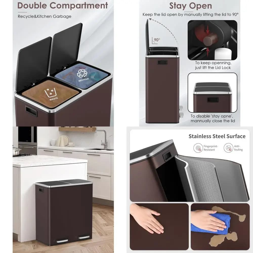 Combinazione di bidoni per rifiuti e riciclo a doppia maniglia in acciaio inossidabile da 16 galloni con coperchio Soft-Closure e secchi rimovibili