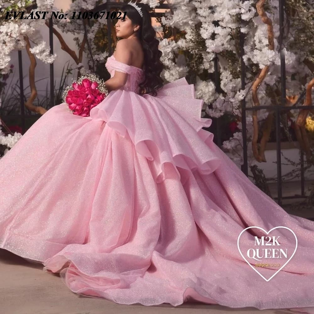 EVLAST Personalizzato Rosa Abito Quinceanera Lucido Applique Perline Cristalli Corsetto A File Dolce 16 Messico Abiti De 15 Anos SQ433