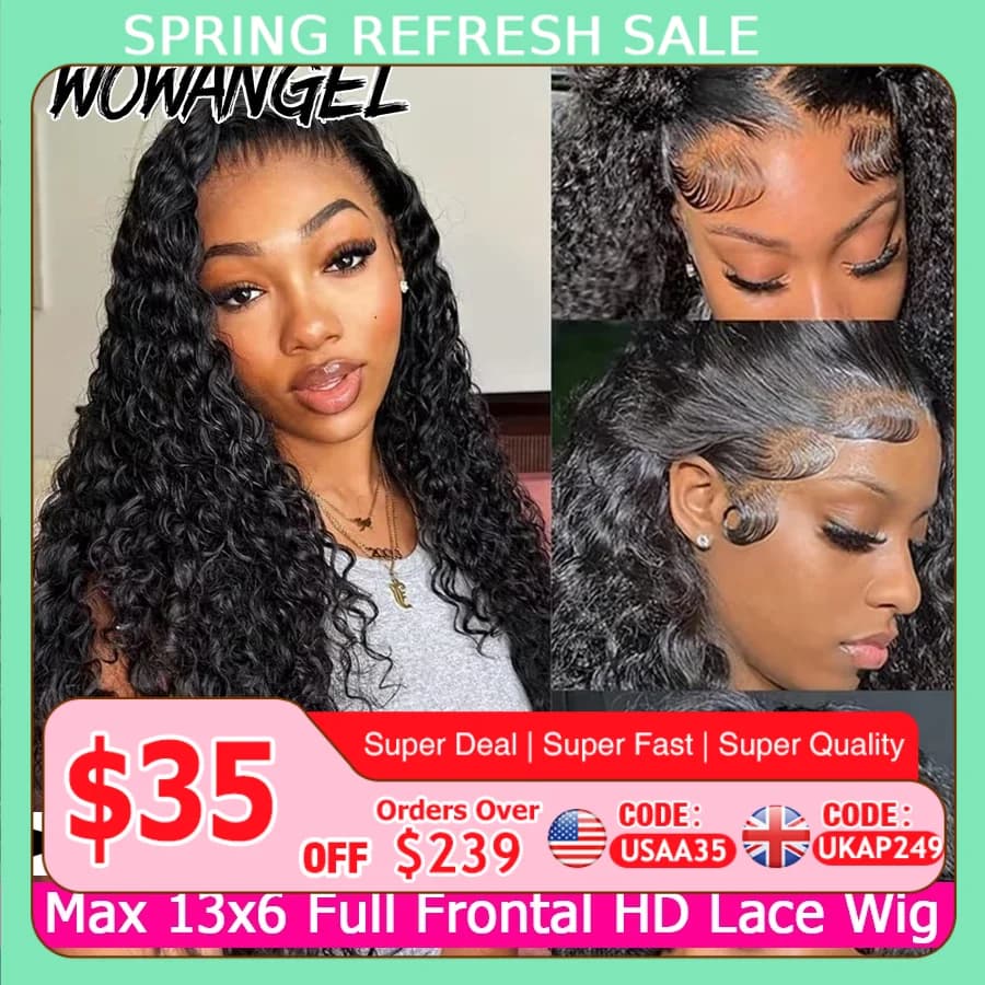 WOWANGEL 250 Density Curly Wigs 13x6 HD Lace Frontal Wig 100% Human Hair Pre Plucked Water Wave Wigs For Women Brazilian Hair