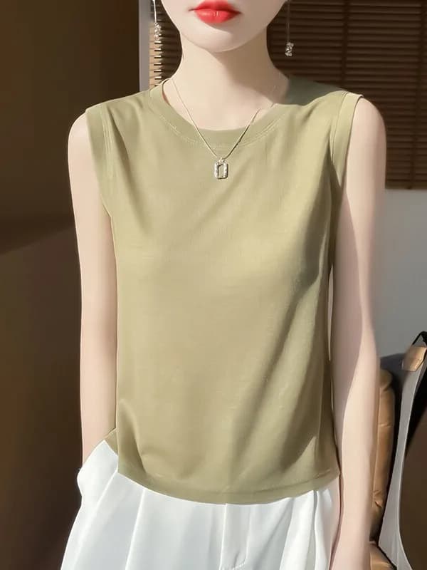 Summer New round Neck Sleeveless Knitted Tank Top Women Lightweight Breathable Simple Inner Wear T-Shirt Slimming Base Shirt