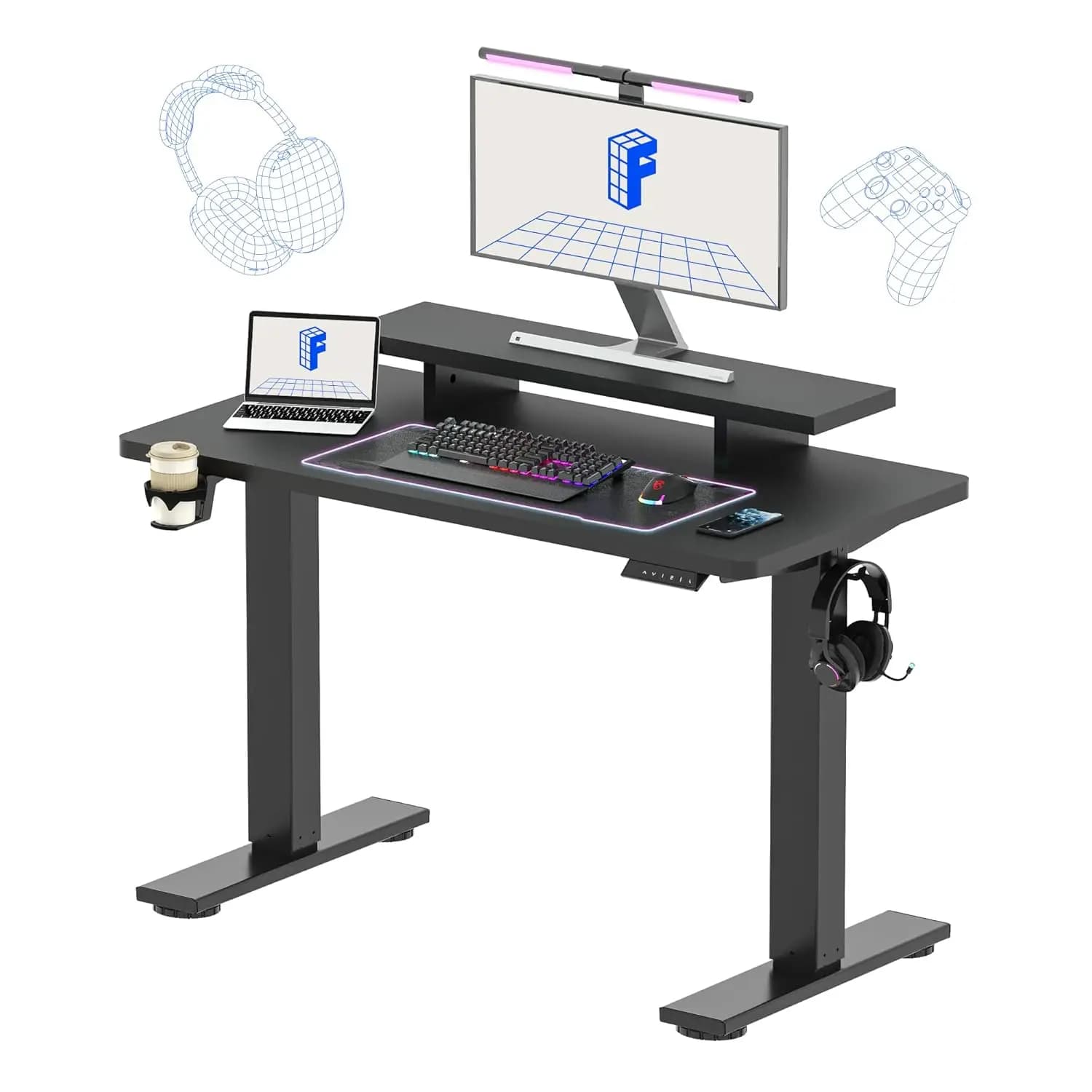 Standing Desk with Monitor Stand, 48 x 24 Inches One-Piece Electric Height Adjustable Computer Desk with Cup Holder, Customized