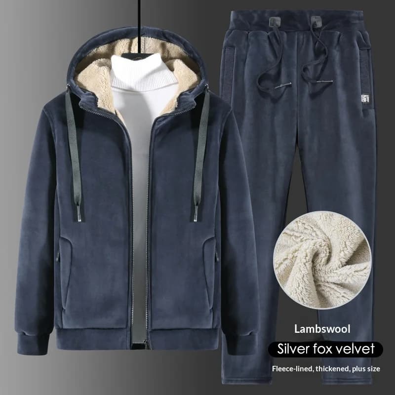 Men Velvet Sherpa Lined Tracksuit Full Zip Hooded Jacket Drawstring Jogger Pants Winter Thick Warm Fleece Two Piece Casual Outfi