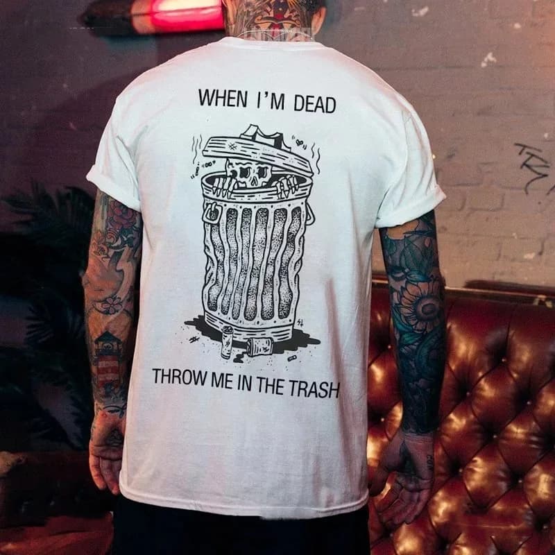 Maglietta in cotone da uomo con stampa Skull Trash Can, streetwear, grunge, gotico, umorismo scuro, casual, hipster