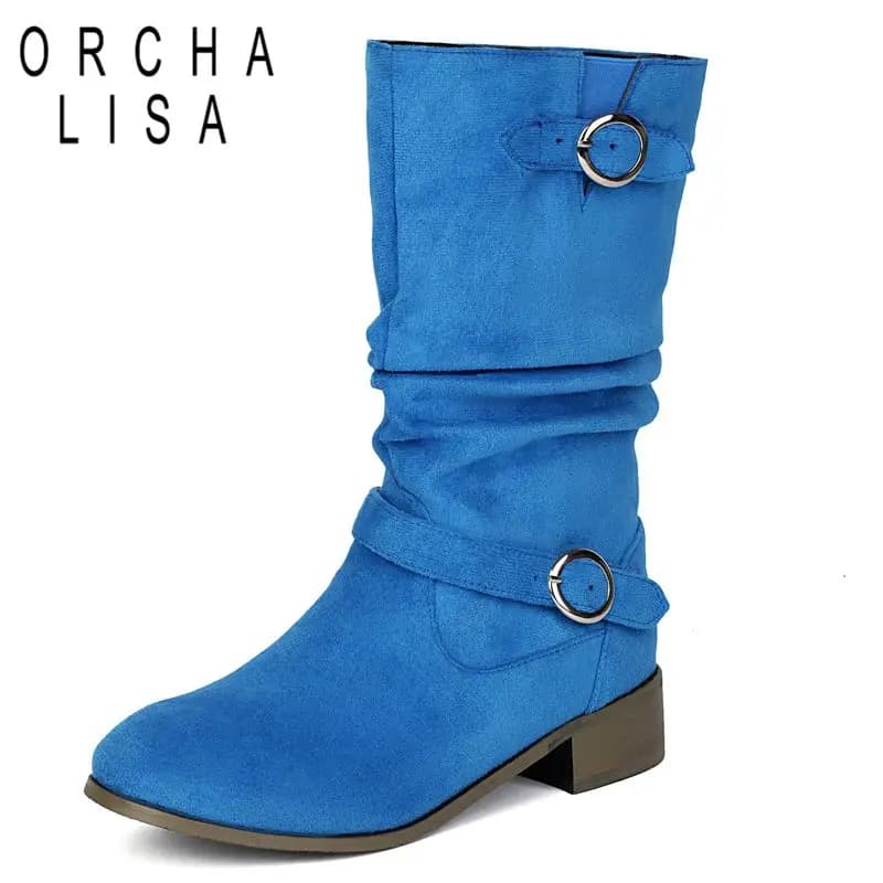 ORCHA LISA Designer Pleated Female Mid Calf Boots Round Toe 3cm Block Heel Slip On Belt Buckles Big Size 46 47 48 Leisure Bota