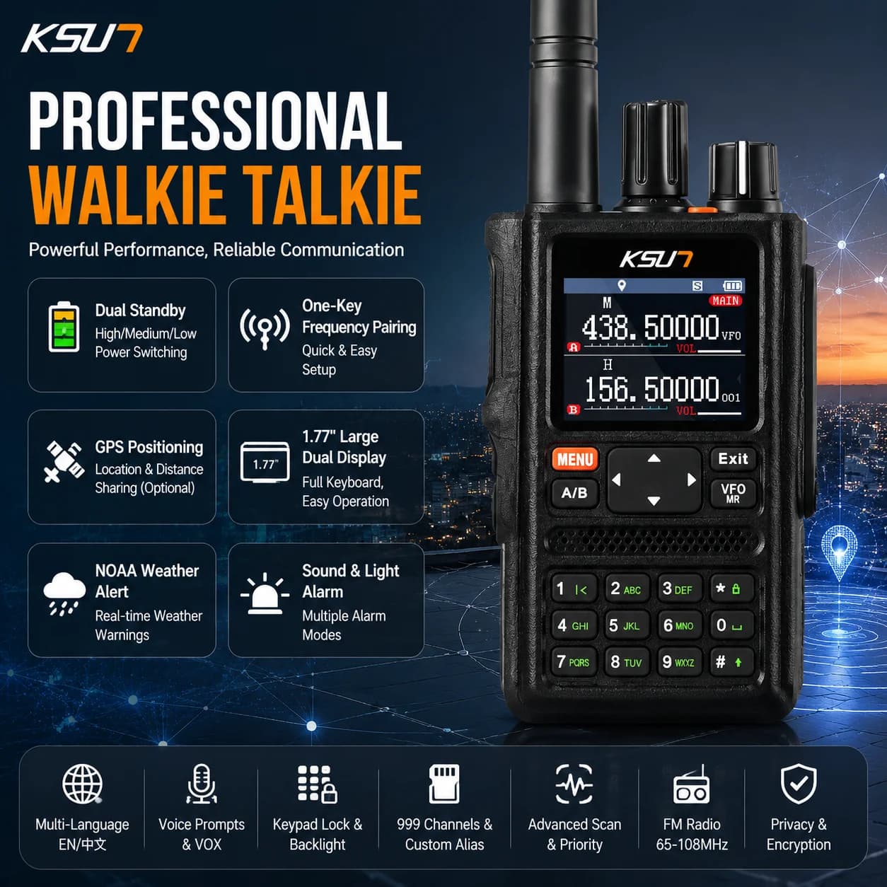 HAM Radio Long Range Walkie Talkie Professional Portable Air Band Full Band FM AM NOAA Mobile Radio Rechargeable KSUT UV98D