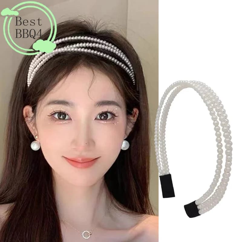 (BBQ4) Fascia per Capelli a Tre Strati con Perle per Donne, Elegante e Delicata, Cerchietto per Capelli, Accessorio per Matrimonio Fatto a Mano in Stile Coreano