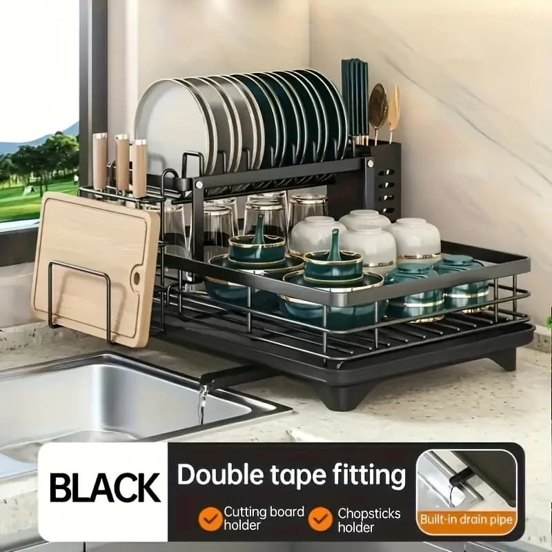 Space Saving Black 2-Tier Dish Rack Carbon Steel Large Capacity Rustproof Dish Drainer Set with Utensil &Chopping Board Holder