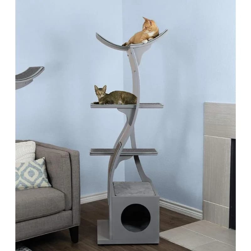 Albero per gatti moderno multilivello con tiragraffi, condo da arrampicata, cubetto imbottito per gatti da interni, grigio fumo