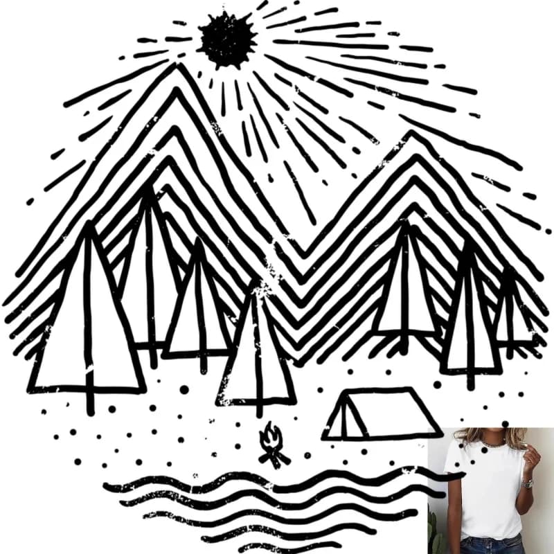 Outdoor Camping Style Heat Transfer White Ink Iron - on Patch, Mountain Tree Tent Pattern, Suitable for T - shirts & Canvas