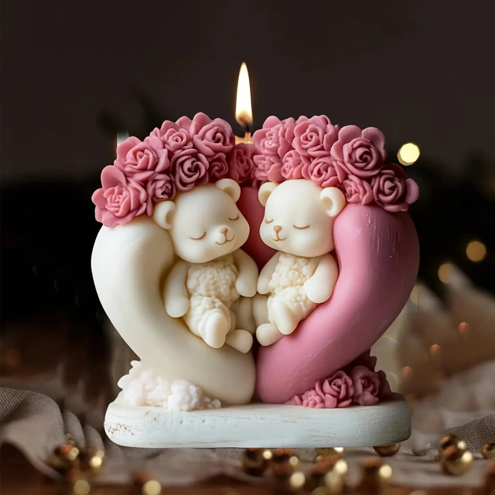 Stampo in Silicone 3D a Forma di Orsetto con Fiori per Candele, Resina Epossidica, Cemento, Gesso, Sapone e Cera - 1 Pezzo