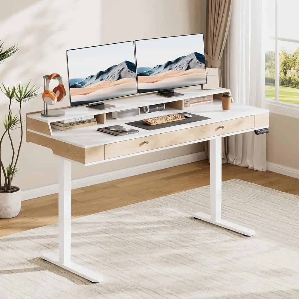 Scrivania elettrica regolabile in altezza 55x24 pollici con 2 cassetti e ripiano per monitor, scrivania per computer regolabile da 28-46 pollici, ergonomica per casa e ufficio