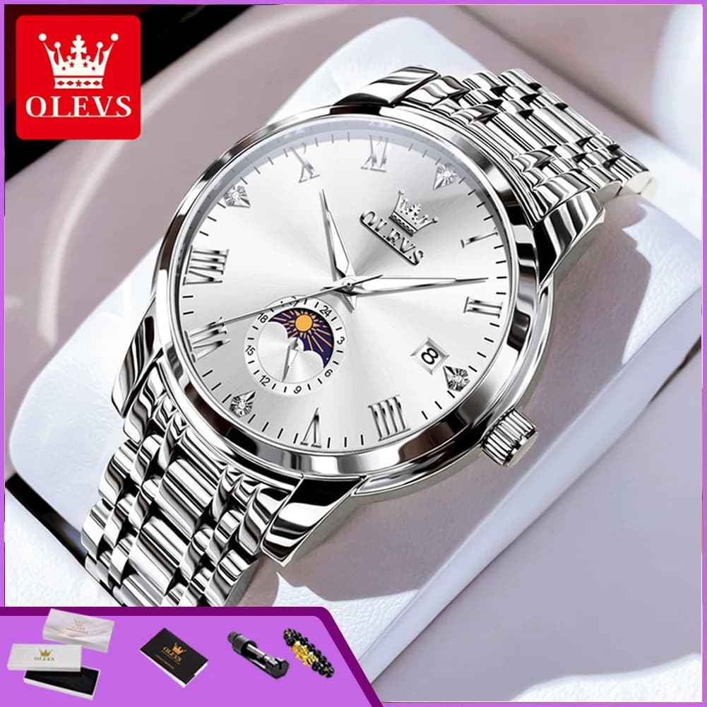 OLEVS 3656 Luxury Brand Men’s Wristwatch Roman Scale Luminous Waterproof Business Dress Classic Moon Phase Quartz Watch for Man