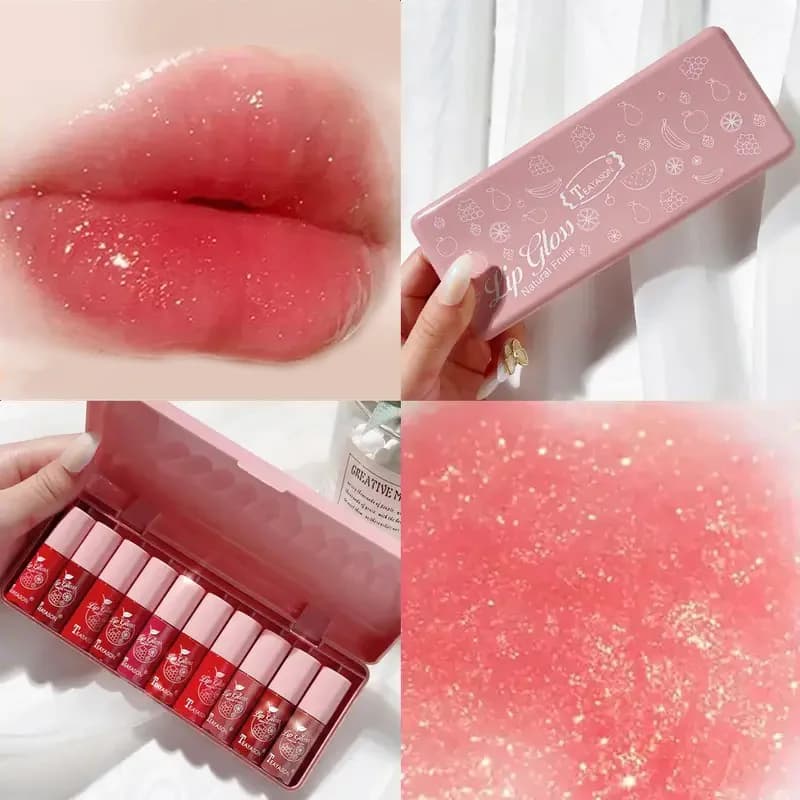10 pcs Shimmer Mini Lip Gloss Kit,Moisturizing Liquid Lipsticks with Mirror and Waterproof Finish,Perfect Gift/Valentine's Day