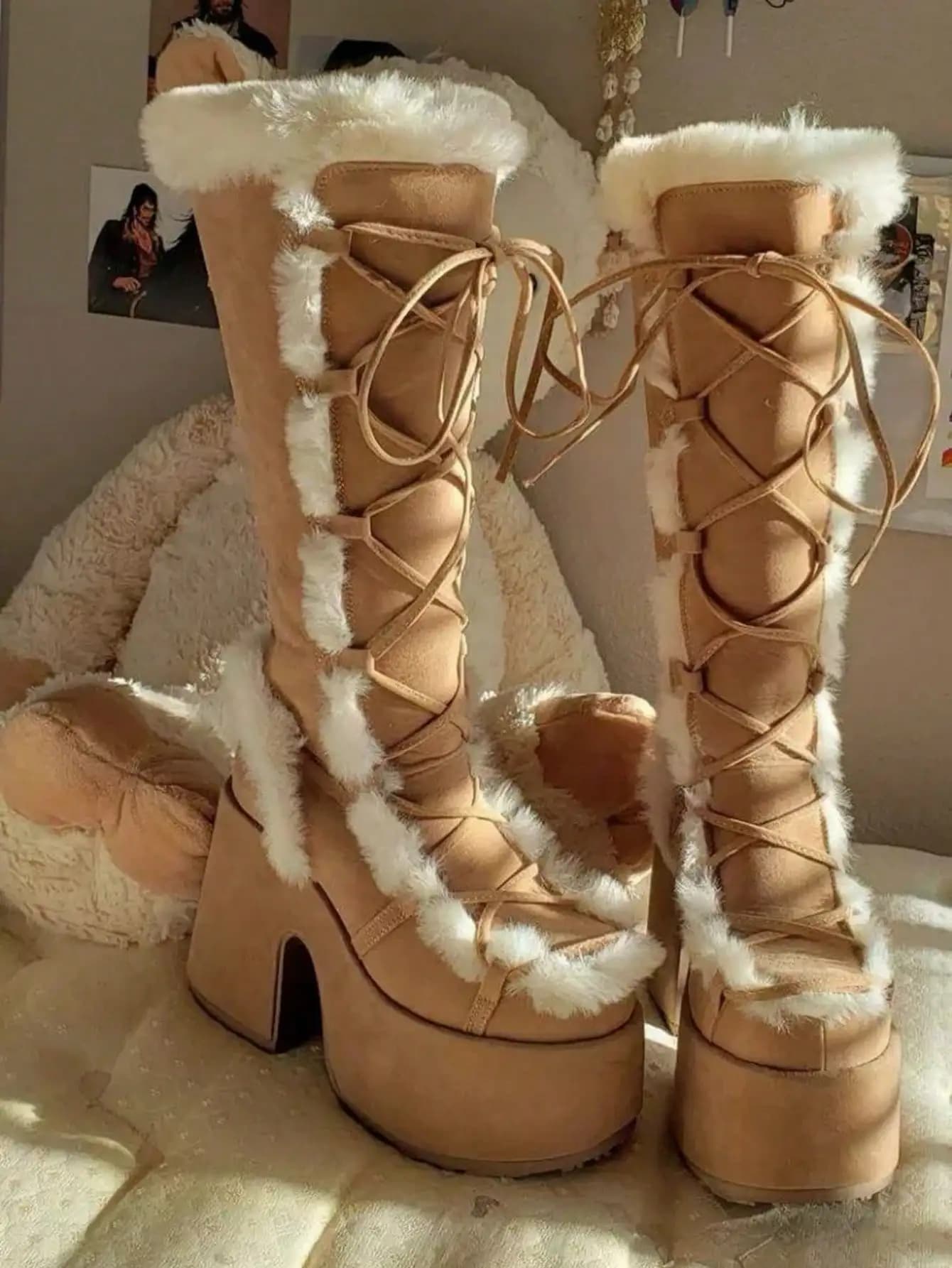Women's Christmas Winter Furry Snow Boots Womens Mid Calf Boots Lace Up Zip Block Chunky High Heel Punk Goth Warm Fur Winter Snow Platform Knee High Boots