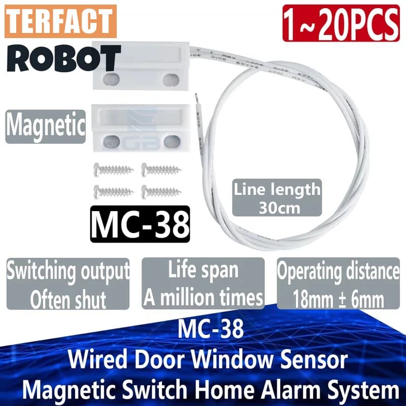1~20 Pezzi TERFACT MC-38 MC38 Sensore Cablato per Porte e Finestre, Cavo da 30mm, Interruttore Magnetico Casuale, Sistema di Allarme Domestico per Arduino