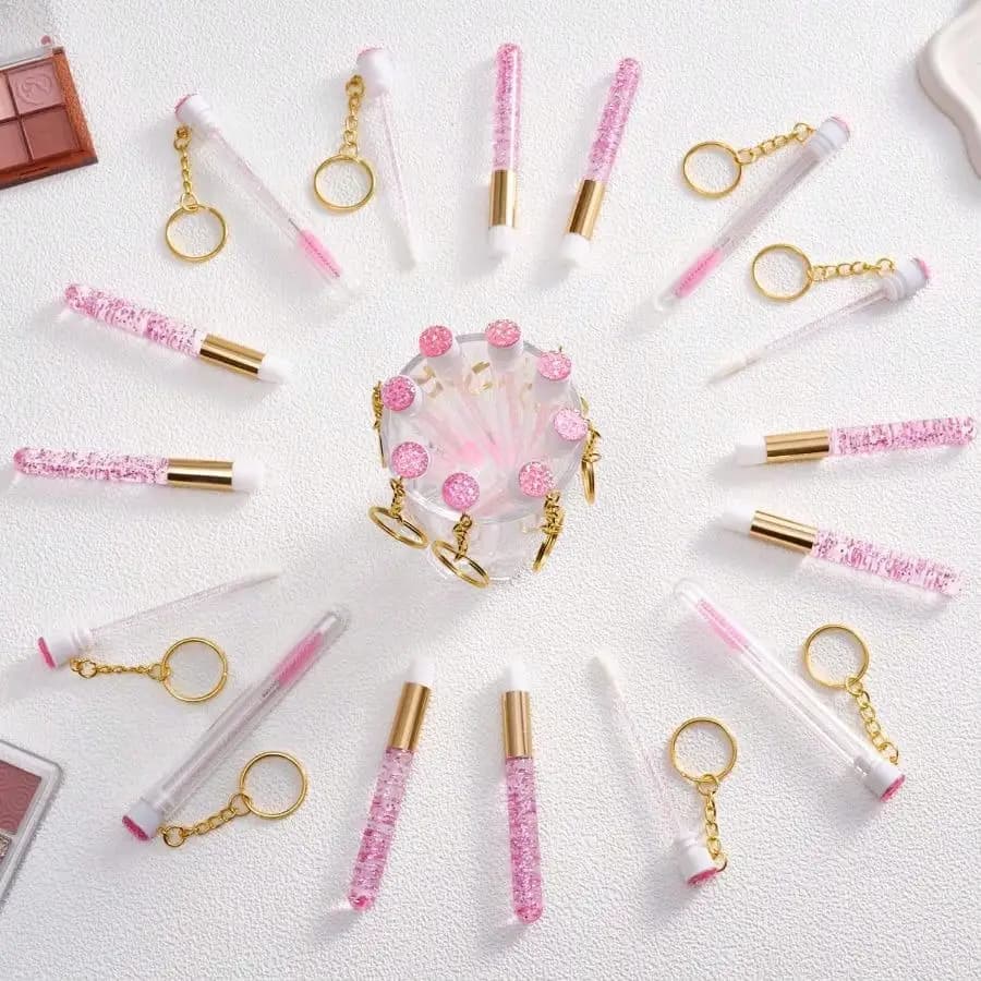 Set di 48 Spazzolini Monouso per Mascara, per Donne e Ragazze - Include 24 Spazzolini per Ciglia e 24 Tubi Vuoti Riutilizzabili con Portachiavi per Spazzolini per Ciglia, Rosa