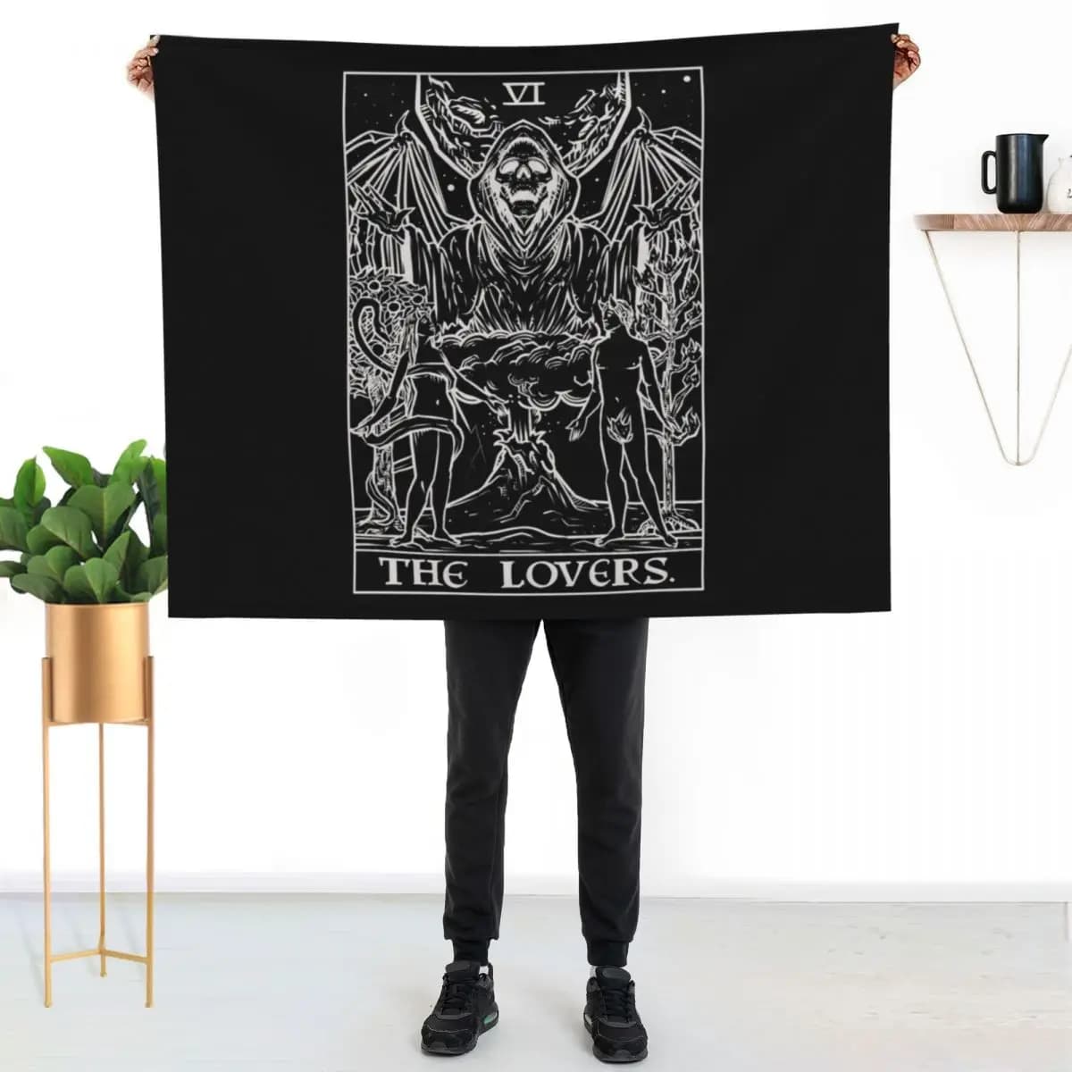 Coperta portatile leggera con stampa The Lovers Tarot Card (monocromatica) per viaggi e campeggio