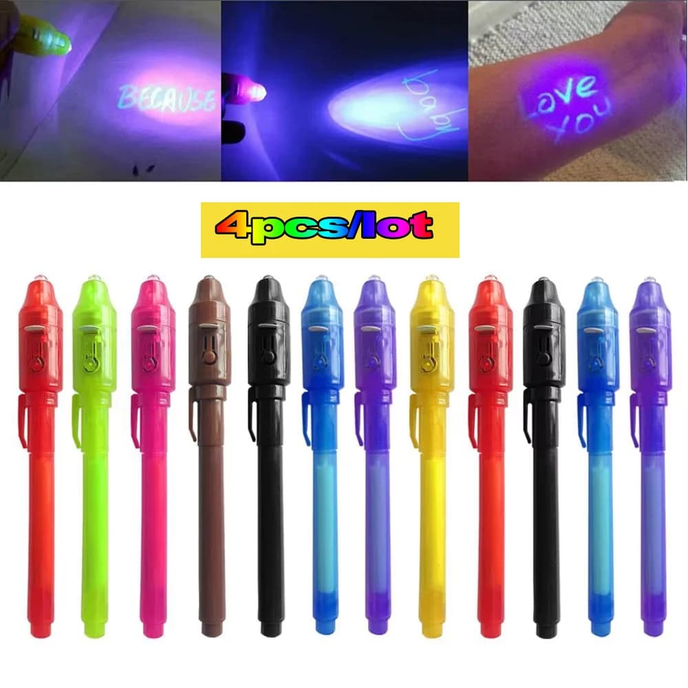 4 pezzi con luce UV pennarello magico penna a inchiostro invisibile penna spia per messaggio segreto scatola del tesoro premi bomboniere per bambini giocattoli regalo