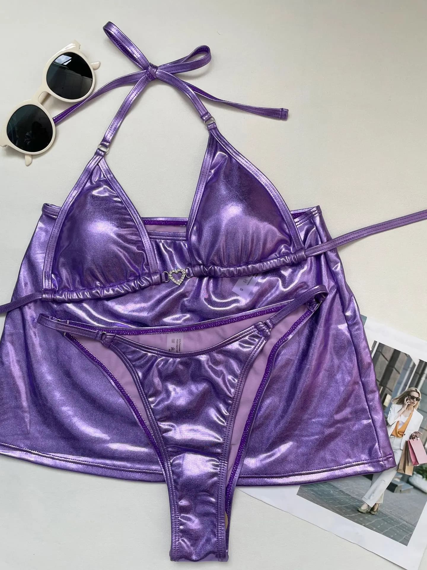 Sexy Triangle Metallic Bikinis Sets Three Pieces with Mini Skirt Bathing Suit Beach Wear Women Thong Bikini Swimsuits Biquini