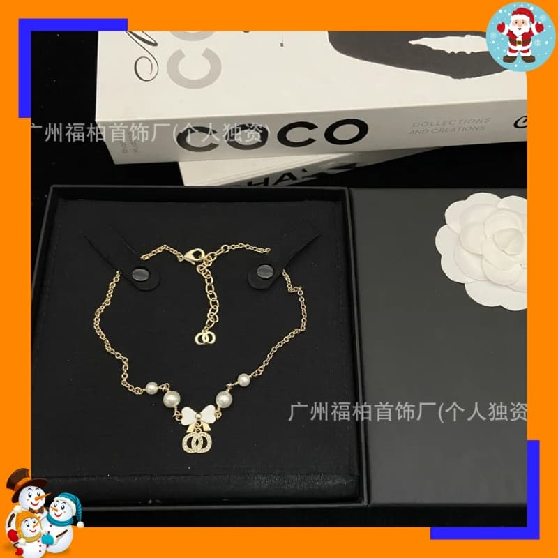 New Bow Double Necklace Women's High-end Light Luxury Diamond-encrusted Enamel Pearl Necklace