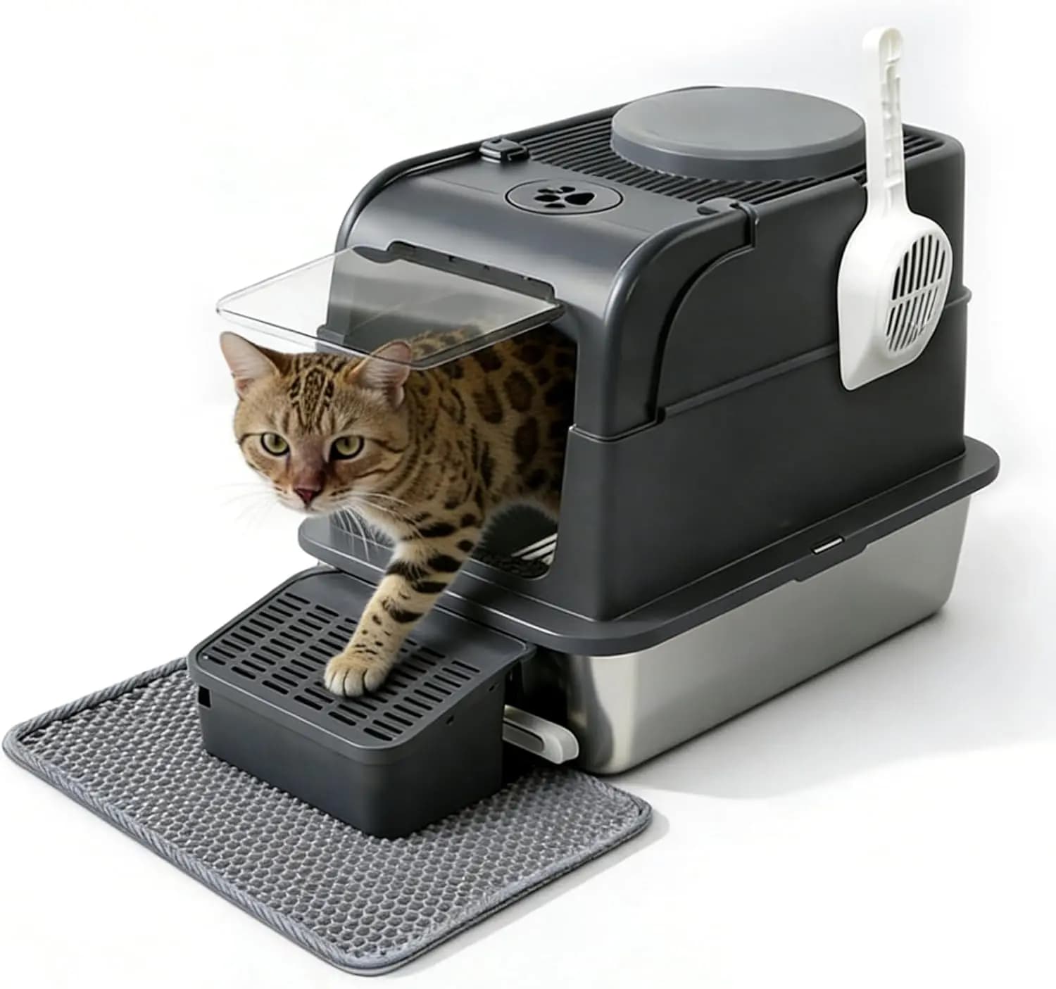 Lettiera per Gatti in Acciaio Inossidabile con Coperchio, Design Chiuso o Aperto, Ingresso Frontale e Uscita Superiore, Lettiera Extra Large, con Coperchio Ribaltabile