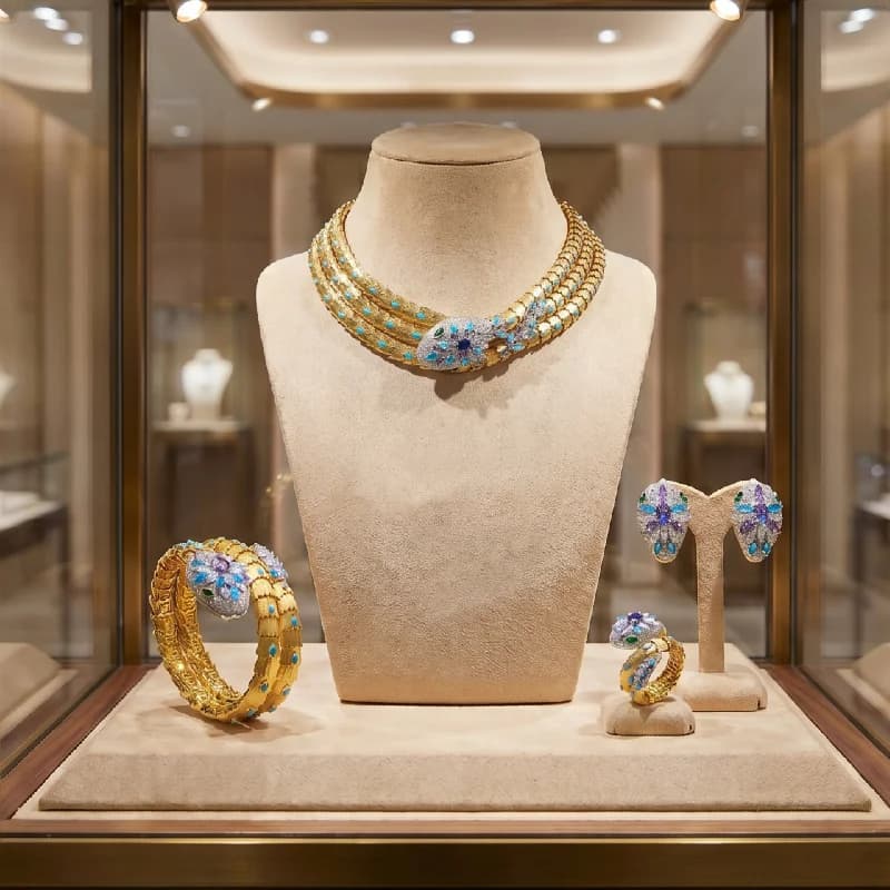 Set di Gioielli Europa America con Orecchini, Anello, Bracciale e Collana a Tre Strati con Zirconi Cubici Colorati e Serpente in Turchese
