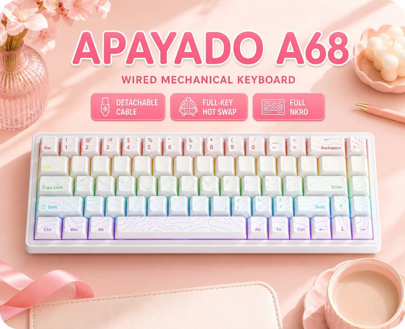 APAYADO A68 Wired Mechanical Keyboard Hot‑Swappable Blue Red Switch Detachable Cable NKRO Anti‑Ghosting RGB Lighting