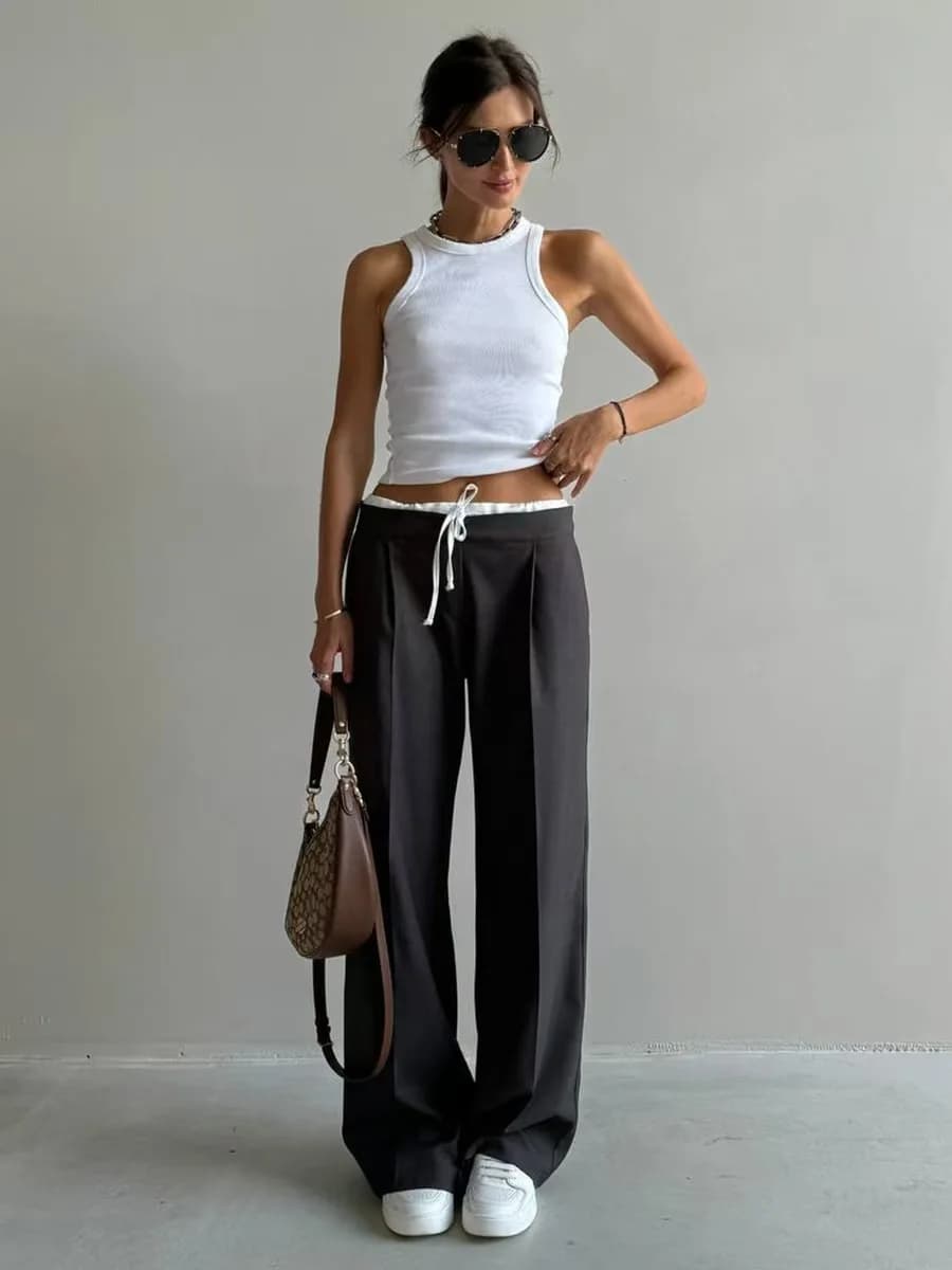 Nuovi Pantaloni Casual a Vita Alta e Gamba Dritta con Design a Cintura e Stile con Lacci, Moda Estiva per Donne