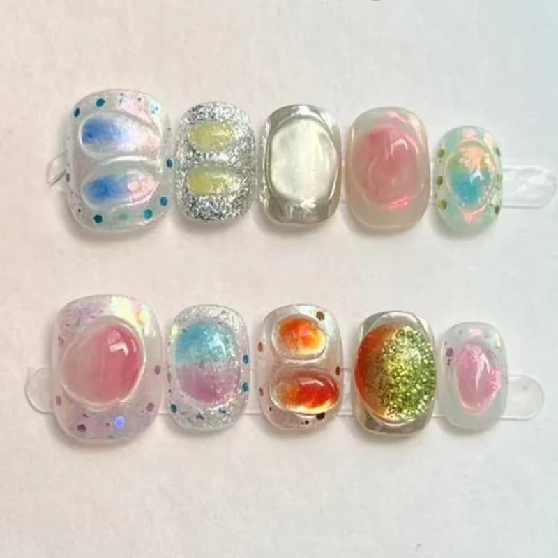 10 pieces cute short round handmade glitter for fingernails fake colored 3D sweet art fine nails for girl wearable full cover print on