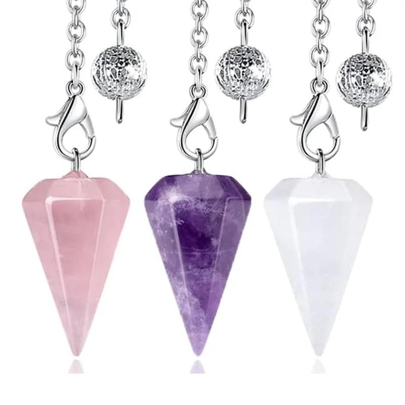 Piccolo pendolo con pendente in pietra naturale per principianti Divinazione Quarzo rosa reale Amethyts Quarzo trasparente di guarigione pendolo esoterico cristalli naturali veri cappello strega ciondolo ametista vera