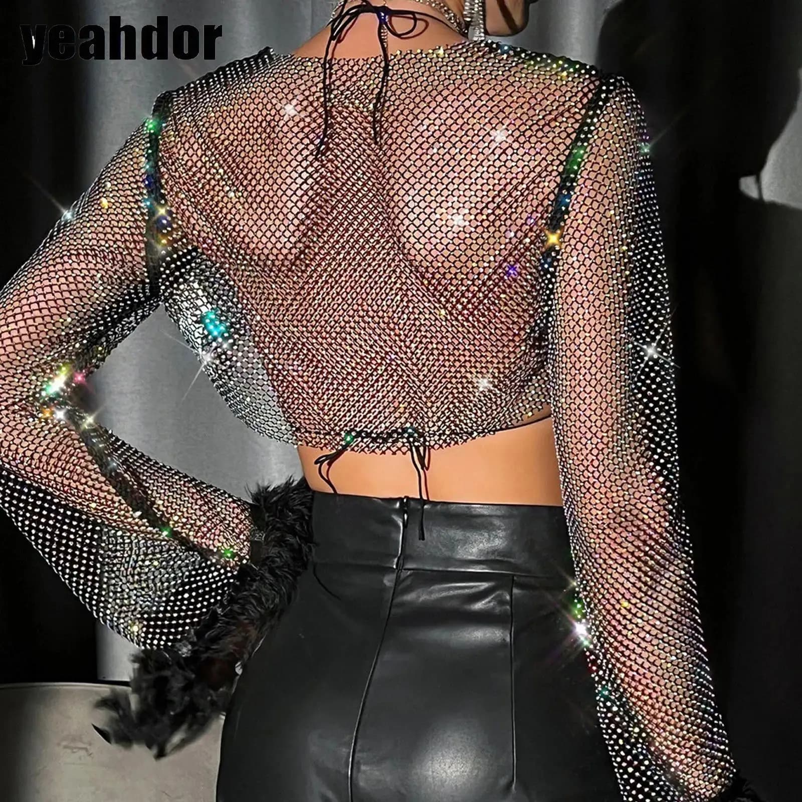 Top Corto a Rete con Diamanti, Maglietta Estiva Traforata da Spiaggia, Copricostume da Discoteca, T-Shirt a Maniche Lunghe da Donna, Accessori Y2K