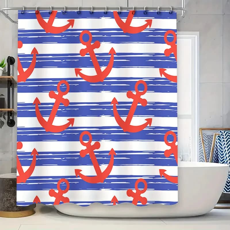 Set di decorazioni per il bagno in poliestere impermeabile con tenda da doccia a strisce blu con ancore rosse