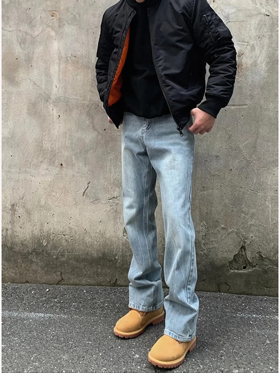 Jeans da Uomo in Denim Lavato Azzurro, Stile High Street, Foderati in Pile, Gamba Dritta, Vita Elastica, Moda Autunno Inverno