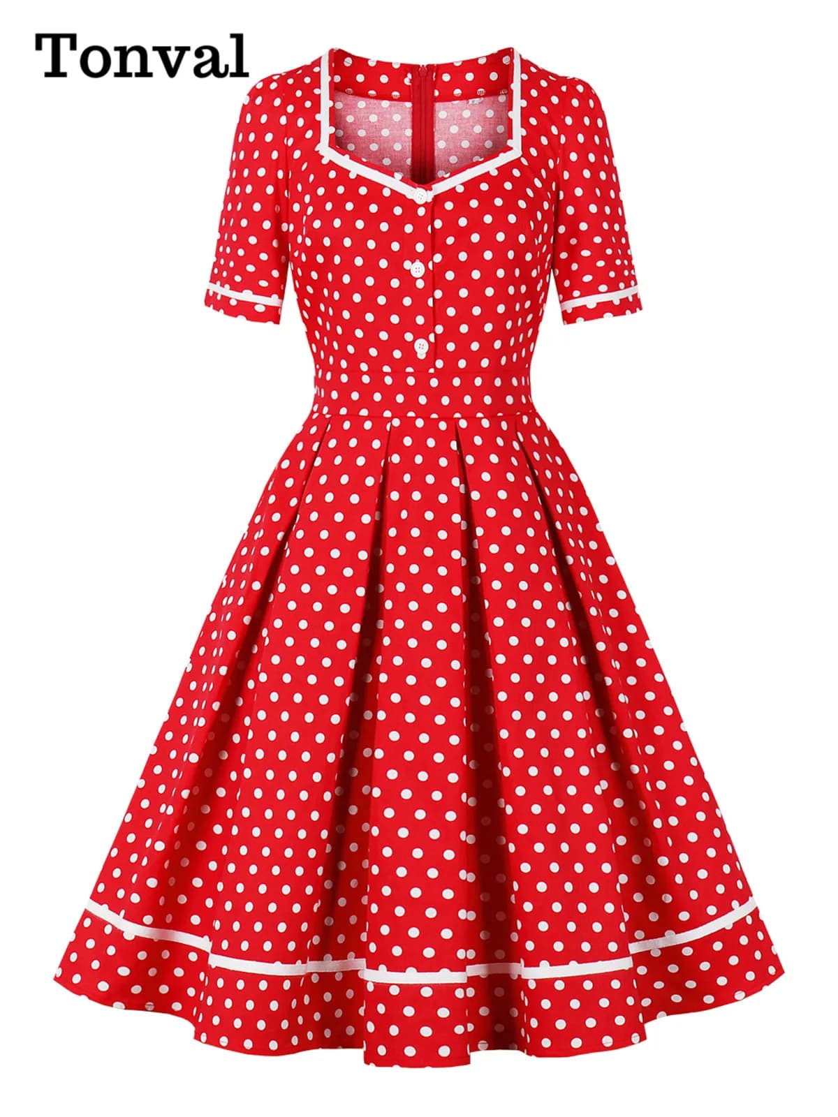 Women's Vintage Dress Spring 2026 Cotton Pois with Heart Neck and Bottony Style '50s Elegant