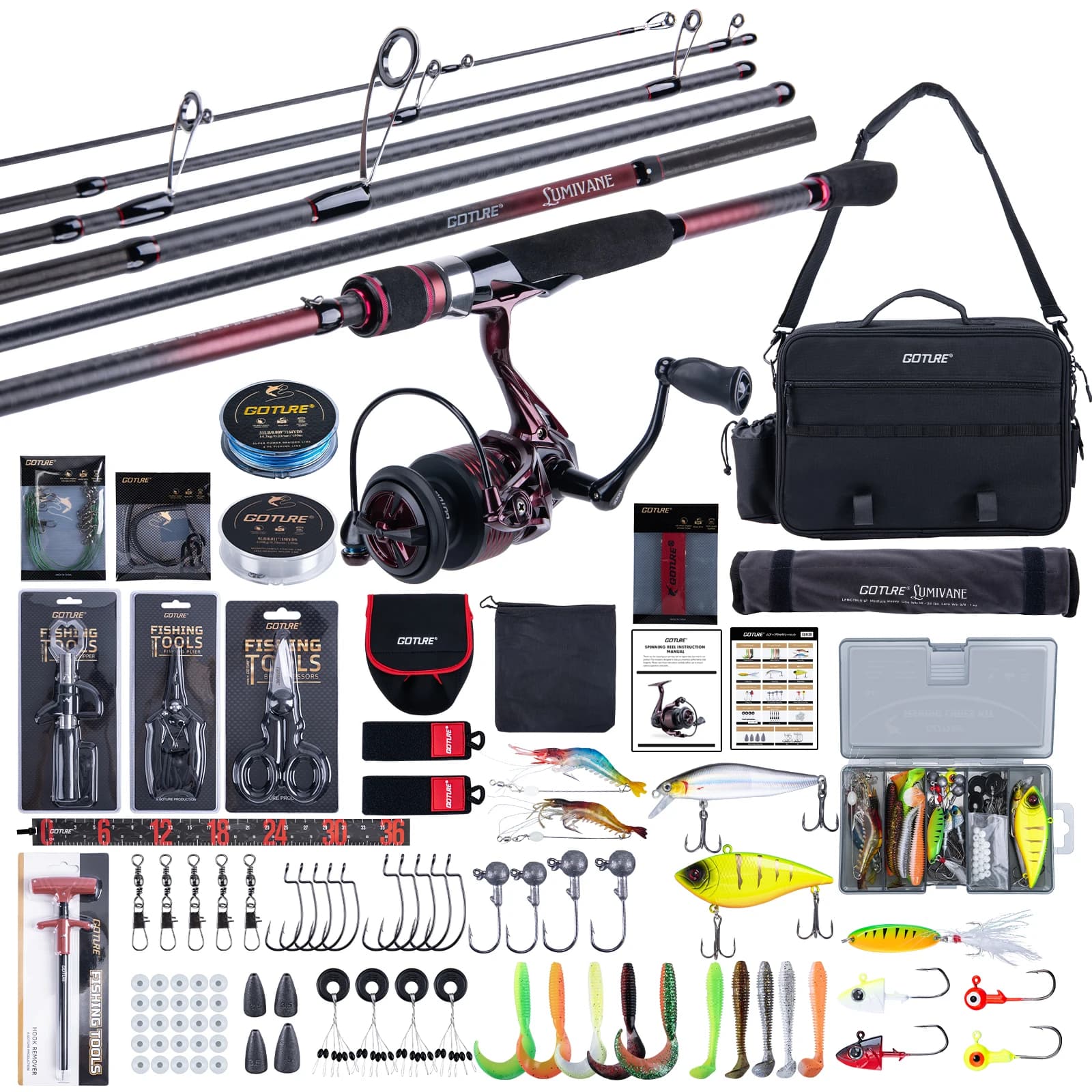 Goture Set Complete Fishing Set 17 Pieces, Carbon Fiber Spinning Cane 6 Pieces with Mulinello Series 3000, Box Equipment with 66 Fisherman baits