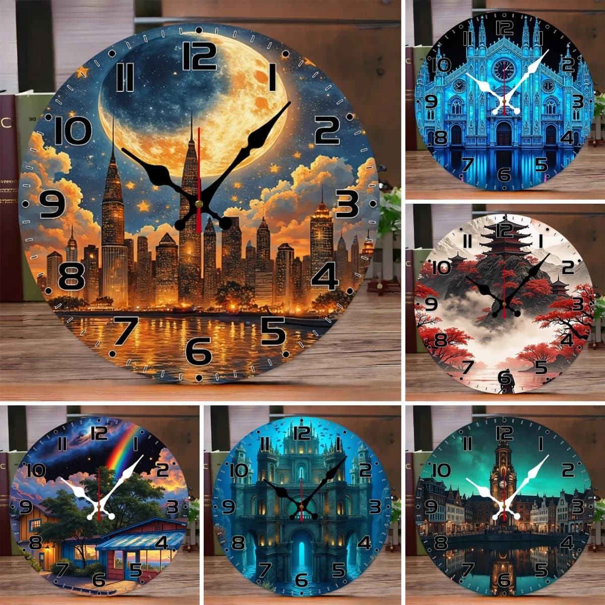Charming architecture Wooden round silent suspended wall clock, suitable for living room, office, study room, bedroom, home decoration