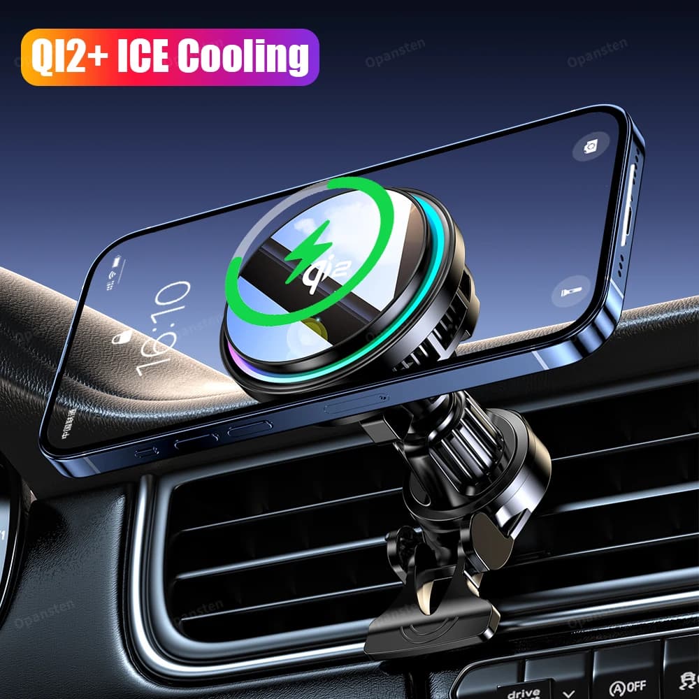 Caricatore per auto wireless magnetico RGB con raffreddamento a ghiaccio QI2 in vetro temperato Radiatore a ricarica rapida per supporto per telefono Magsafe iPhone 12-16