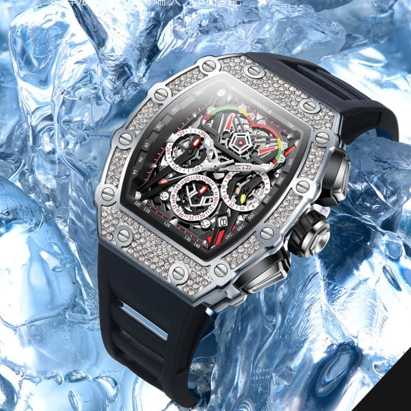 ONOLA 6827D Barile di vino di lusso Design pieno di diamanti Orologio meccanico completamente automatico Orologio cronografo da uomo con calendario per uomo