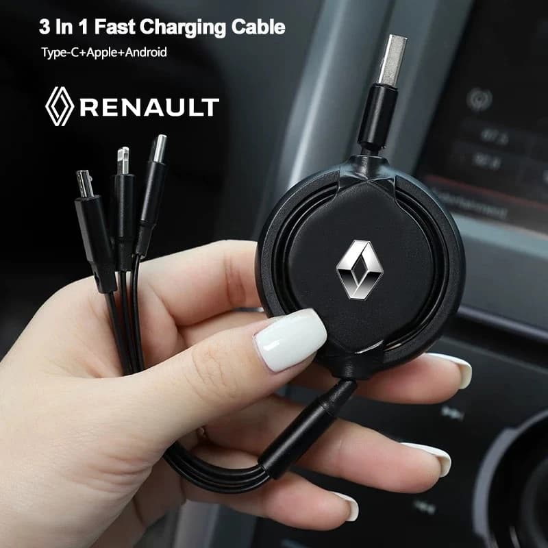 Data cable 3 in 1 for interior car, fast charging USB type C for Renault Clio Koleos Megane Espace QM6 Kadjar Captur Scenic Duster Tw