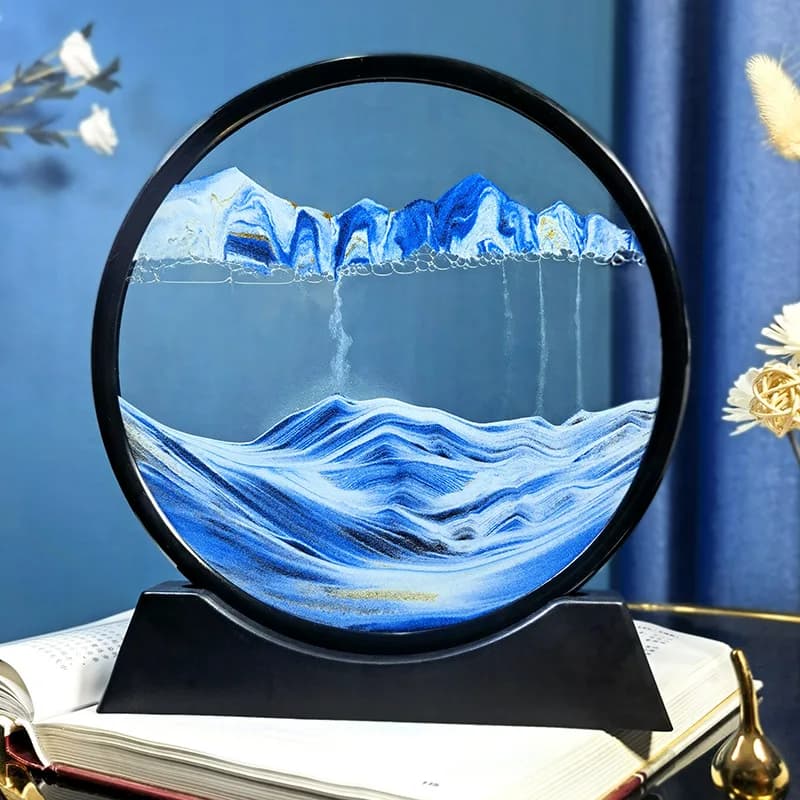 Immagine di arte della sabbia in movimento 3D da 12 pollici Vetro rotondo Paesaggio di sabbia dell'oceano Clessidra Sabbie artigianali che scorre Pittura con sabbia Decorazioni per la casa