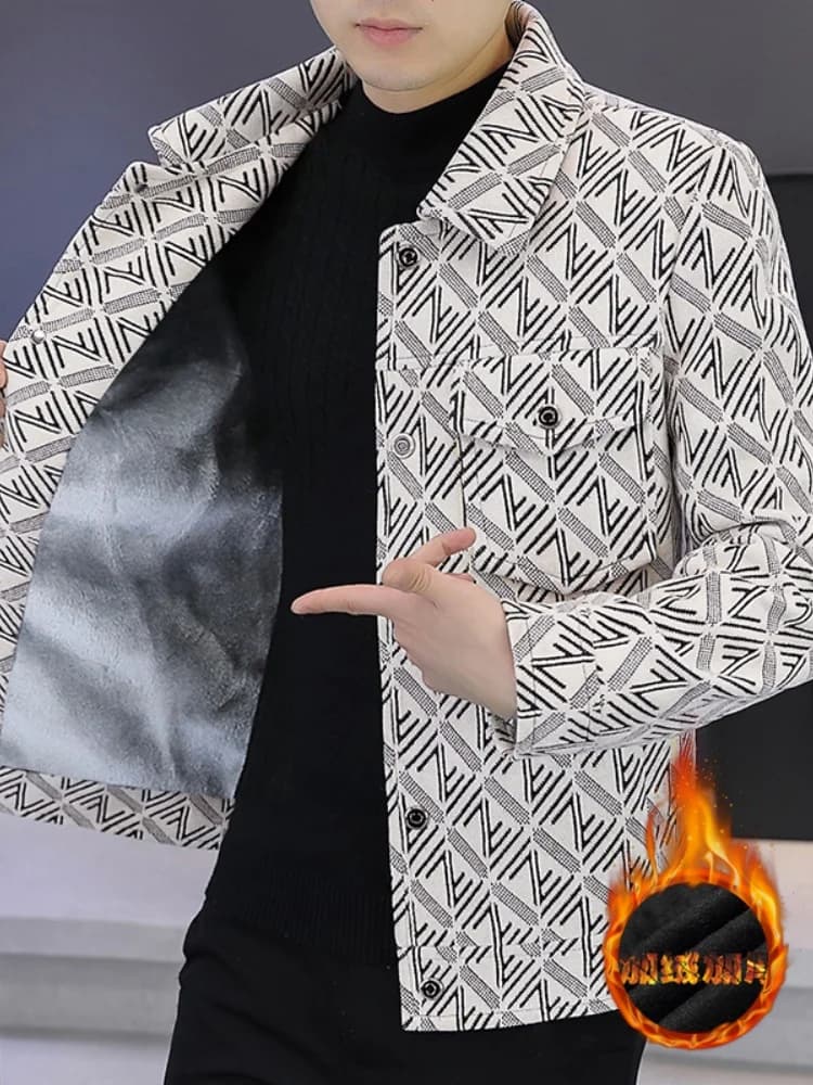 Premium Fleece Lined Autumn Winter Youth Casual Striped Shirt Vintage Floral Korean Trendy Jacket Standard Fit Polyester