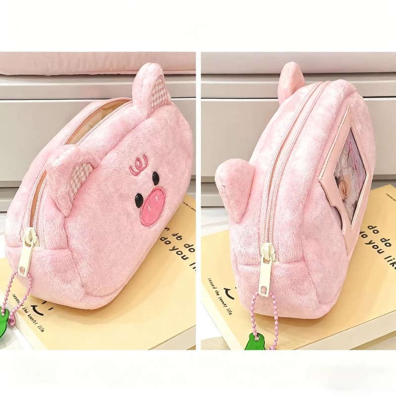 Simpatico astuccio per matite in peluche di maiale rosa, organizer per cancelleria per bambini, borsa per penne, design con slot per schede per foto Polaroid KPOP Idol Photocard
