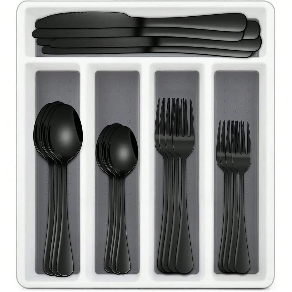 60Piece Black Stainless Steel Silverware Sets With Organizer For 6 12, Flatware Sets For Kitchen, Cutlery Sets Includes Knife S