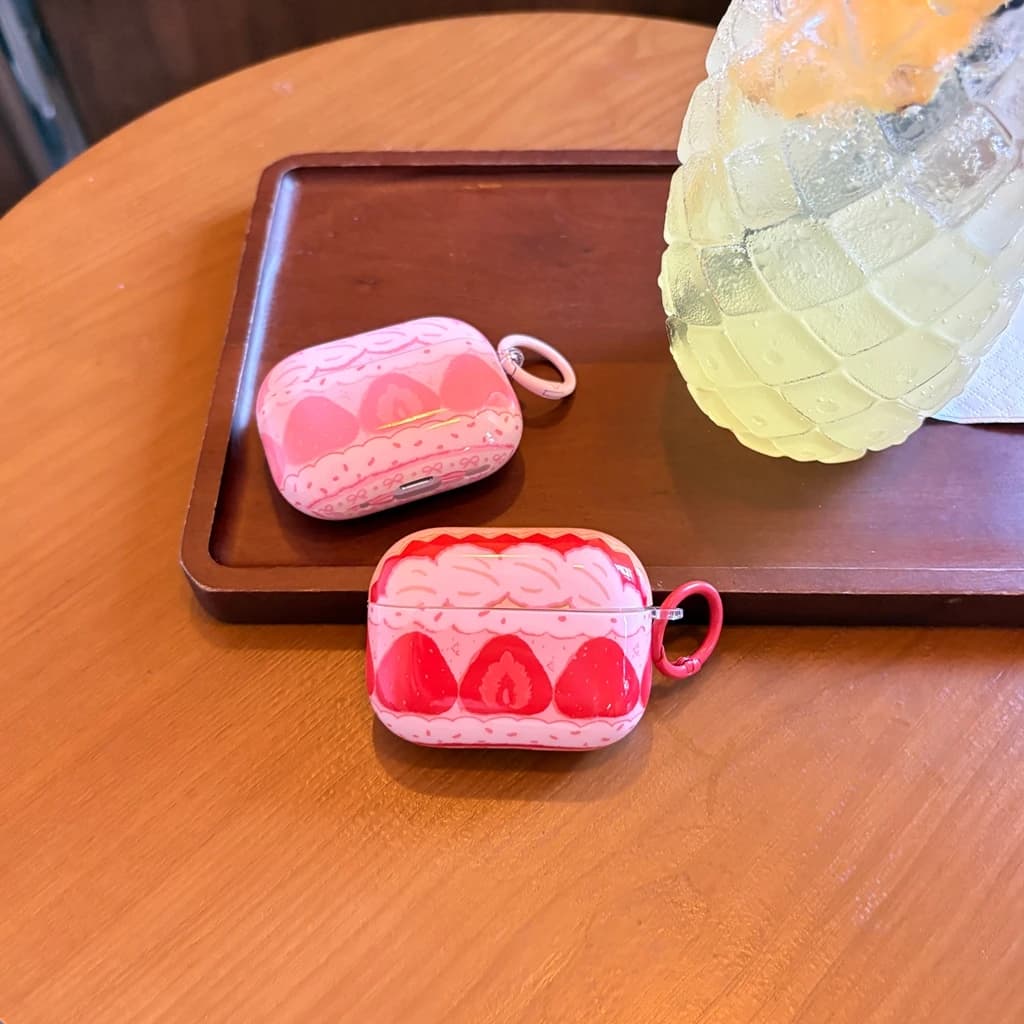 Dolce carino rosso rosa crema torta di fragole bowknot con gancio custodia antiurto per auricolari per AirPods 1 o 2 3 4 Pro 2 Pro 3