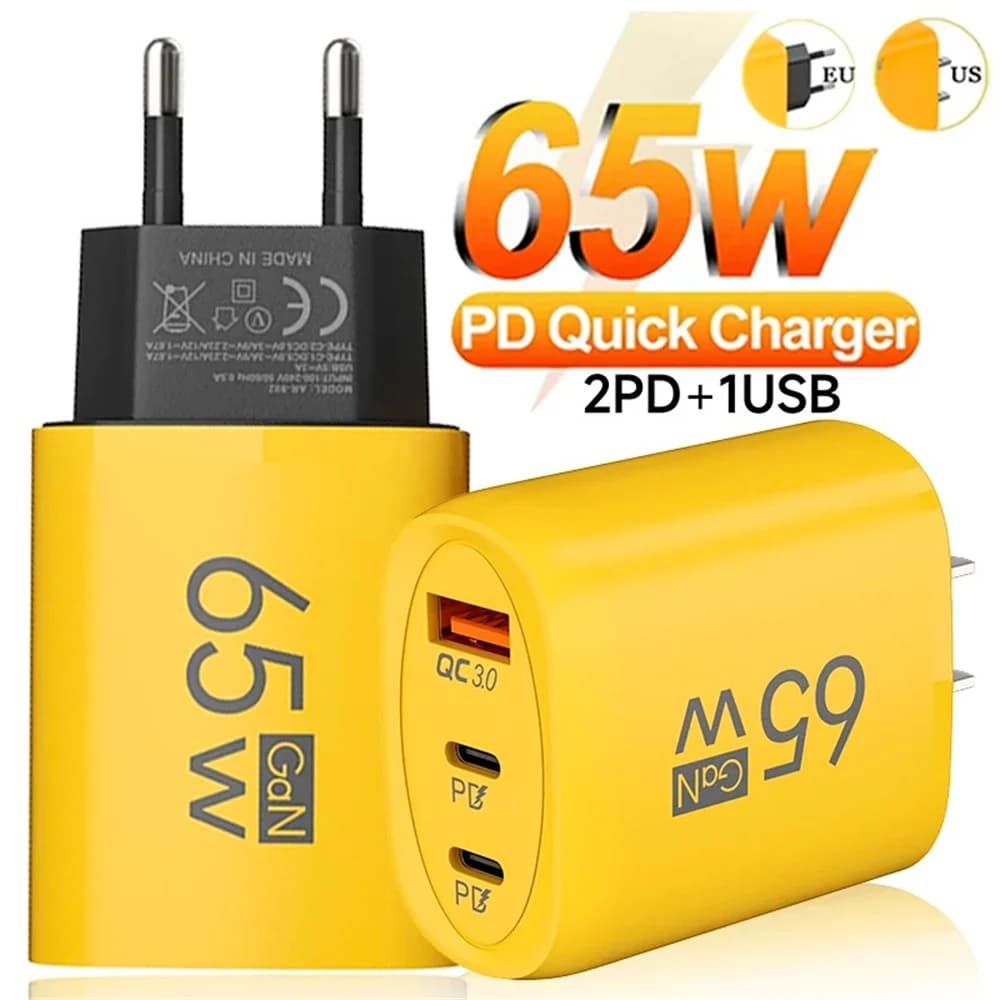 65W GaN USB C Fast Phone Charger PD QC3.0 Wall Adapter For iPhone Xiaomi POCO Samsung Huawei OnePlus 3 Ports Travel EU US Plug