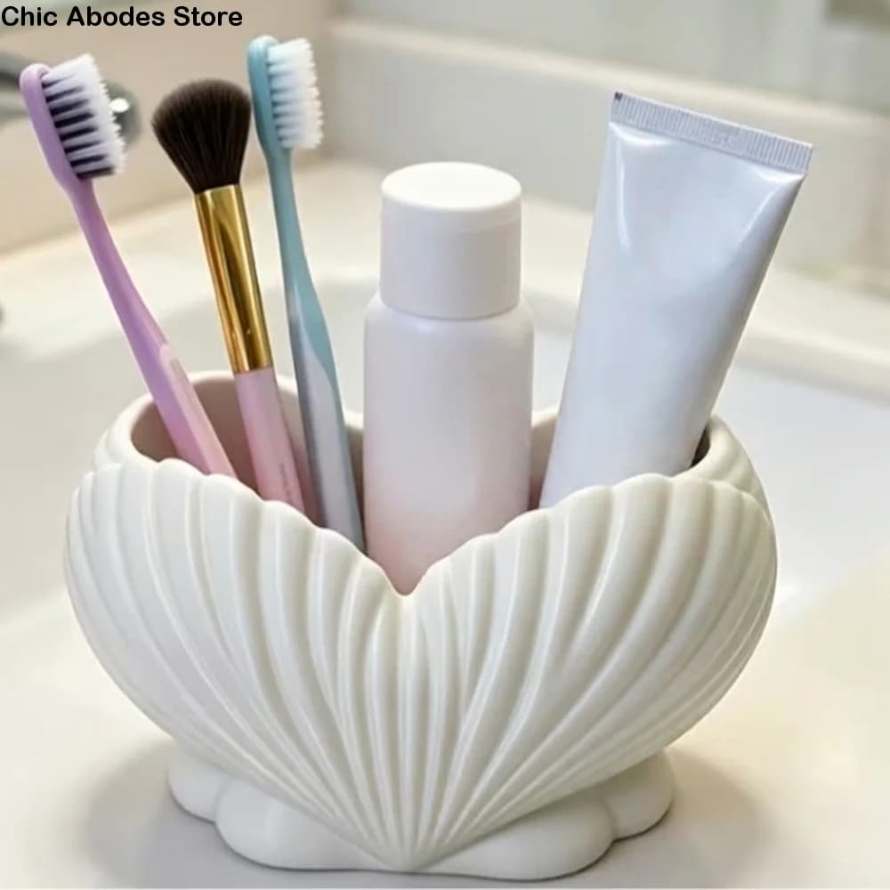 3D Printed Shell Shape Toothpaste Toothbrush Holder Aesthetic Coastal Style Makeup Brush Stand Stable Base Plastic