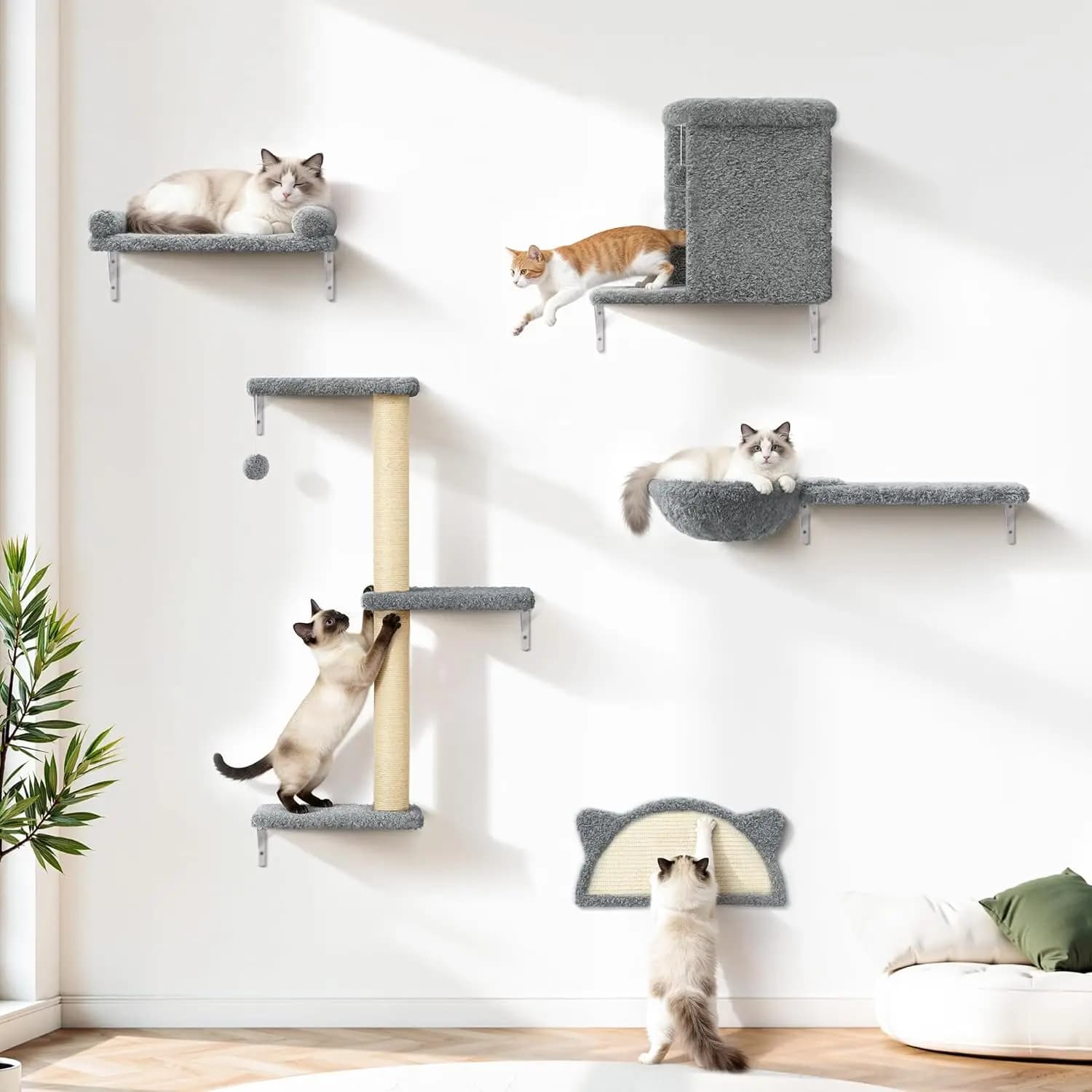 Mensole da Parete 5-in-1 per Gatti, in Legno Massello, Velluto e Sisal, con Tiragraffi, Carico Massimo 20 kg, Mobili da Parete per Gatti Arrampicatori