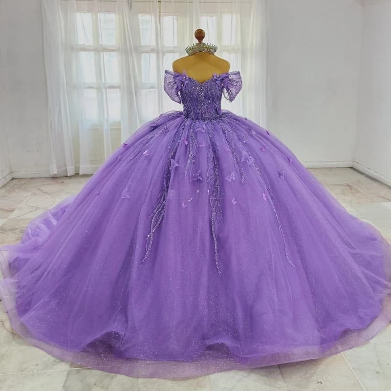 Abiti Quinceanera lucidi color lavanda Abito da ballo con spalle scoperte Perline Fiocco di cristallo Corsetto in tulle Festa di compleanno Dolce 16 Dres Gilet