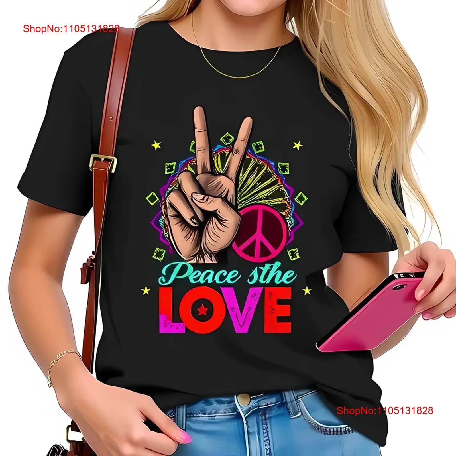 T-shirt con gesto a mano con segno di pace vibrante con design LOVE Tutto in cotone vintage lavato Confortevole moda Versatile Casual